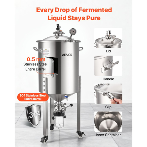 Κωνικός ζυμωτήρας VEVOR από ανοξείδωτο χάλυβα, δεξαμενή ζύμωσης οικιακής ζυθοποίησης 16 γαλονιών/60 λίτρων, ζυμωτήρας κάδου ζυθοποίησης με κωνικό πάτο, 3 τροχούς, καπάκι, λαβή και θερμόμετρο, για ζύμωση κρασιού και μπύρας