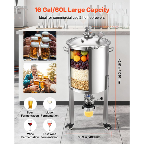 Κωνικός ζυμωτήρας VEVOR από ανοξείδωτο χάλυβα, δεξαμενή ζύμωσης οικιακής ζυθοποίησης 16 γαλονιών/60 λίτρων, ζυμωτήρας κάδου ζυθοποίησης με κωνικό πάτο, 3 τροχούς, καπάκι, λαβή και θερμόμετρο, για ζύμωση κρασιού και μπύρας