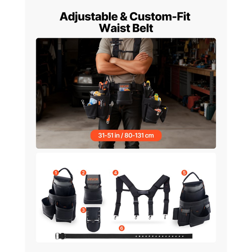 Ζώνη εργαλείων VEVOR, θήκη εργαλείων 19 τσεπών με αναρτήσεις για άνδρες, τσάντα εργασίας ζώνης βαρέως τύπου ρυθμιζόμενη, αποσπώμενη ανάρτηση για ηλεκτρολόγο, ξυλουργό, κατασκευές, ρύθμιση μέσης 80-131 cm