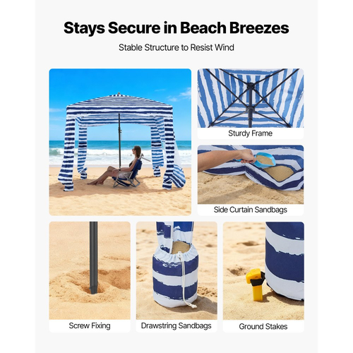 VEVOR Καμπάνα Παραλίας, Σκηνή Παραλίας 1,83 x 1,83 μ. με Πλευρικό Τοίχωμα, Προστασία UPF 50+, Εύκολη Εγκατάσταση Σκηνής Καμπάνα με Θήκες Άμμου, Φορητή Ομπρέλα Σκίασης για Όλη την Οικογένεια & Φίλους, Ρίγες Ναυτικού