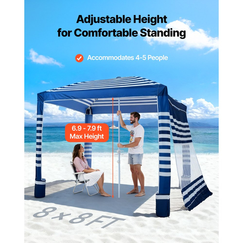 VEVOR Καμπάνα Παραλίας, Σκηνή Παραλίας 2,4 x 2,4 μ. με Πλευρικό Τοίχωμα, Προστασία UPF 50+, Εύκολη Εγκατάσταση Σκηνής Καμπάνα με Θήκες Άμμου, Ρυθμιζόμενο Ύψος, Φορητή Ομπρέλα Σκίασης για Οικογένεια, Ρίγες Μπλε