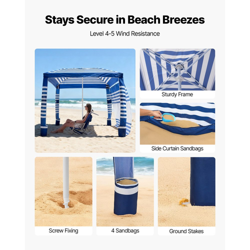 VEVOR Καμπάνα Παραλίας, Σκηνή Παραλίας 2,4 x 2,4 μ. με Πλευρικό Τοίχωμα, Προστασία UPF 50+, Εύκολη Εγκατάσταση Σκηνής Καμπάνα με Θήκες Άμμου, Ρυθμιζόμενο Ύψος, Φορητή Ομπρέλα Σκίασης για Οικογένεια, Ρίγες Μπλε