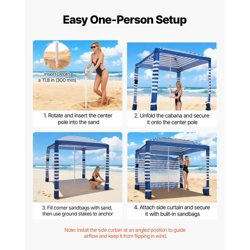 VEVOR Καμπάνα Παραλίας, Σκηνή Παραλίας 2,4 x 2,4 μ. με Πλευρικό Τοίχωμα, Προστασία UPF 50+, Εύκολη Εγκατάσταση Σκηνής Καμπάνα με Θήκες Άμμου, Ρυθμιζόμενο Ύψος, Φορητή Ομπρέλα Σκίασης για Οικογένεια, Ρίγες Μπλε