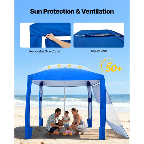 VEVOR Καμπάνα Παραλίας, Σκηνή Παραλίας 2,4 x 2,4 μ. με Πλευρικό Τοίχωμα, Προστασία UPF 50+, Εύκολη Εγκατάσταση Σκηνής Καμπάνα με Θήκες Άμμου, Ρυθμιζόμενο Ύψος, Φορητή Ομπρέλα Σκίασης για Οικογένειες και Φίλους, Μπλε