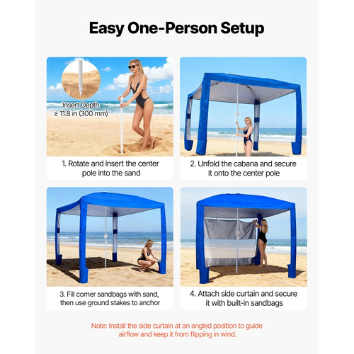 VEVOR Καμπάνα Παραλίας, Σκηνή Παραλίας 2,4 x 2,4 μ. με Πλευρικό Τοίχωμα, Προστασία UPF 50+, Εύκολη Εγκατάσταση Σκηνής Καμπάνα με Θήκες Άμμου, Ρυθμιζόμενο Ύψος, Φορητή Ομπρέλα Σκίασης για Οικογένειες και Φίλους, Μπλε
