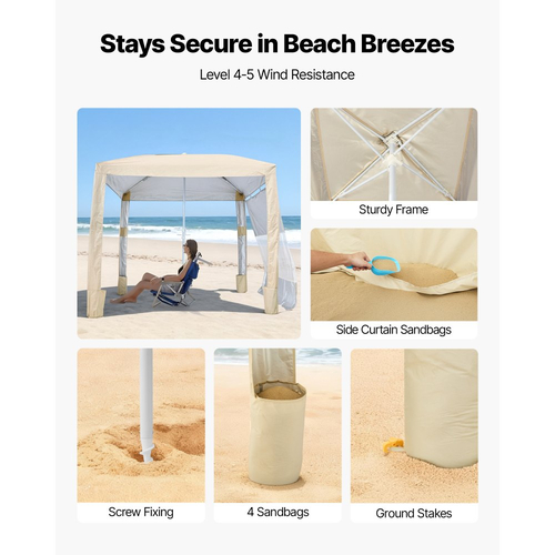 VEVOR Καμπάνα Παραλίας, Σκηνή Παραλίας 2,4 x 2,4 μ. με Πλευρικό Τοίχωμα, Προστασία UPF 50+, Εύκολη Εγκατάσταση Σκηνής Καμπάνα με Θήκες Άμμου, Ρυθμιζόμενο Ύψος, Φορητή Ομπρέλα Σκίασης για Οικογενειακούς Φίλους, Χακί