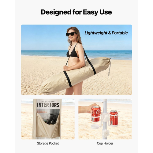 VEVOR Καμπάνα Παραλίας, Σκηνή Παραλίας 2,4 x 2,4 μ. με Πλευρικό Τοίχωμα, Προστασία UPF 50+, Εύκολη Εγκατάσταση Σκηνής Καμπάνα με Θήκες Άμμου, Ρυθμιζόμενο Ύψος, Φορητή Ομπρέλα Σκίασης για Οικογενειακούς Φίλους, Χακί