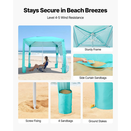 VEVOR Καμπάνα Παραλίας, Σκηνή Παραλίας 2,4 x 2,4 μ. με Πλευρικό Τοίχωμα, Προστασία UPF 50+, Εύκολη Εγκατάσταση Σκηνής Καμπάνα με Θήκες Άμμου, Ρυθμιζόμενο Ύψος, Φορητή Ομπρέλα Σκίασης για Οικογενειακούς Φίλους, Πράσινη