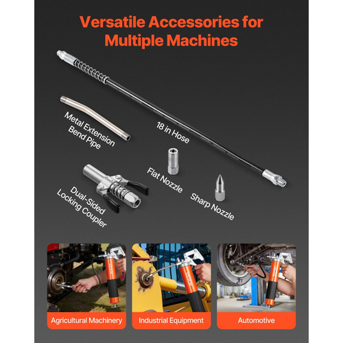 Πιστόλι λίπανσης VEVOR, 8000 PSI, Κιτ πιστολιού λίπανσης με πιστόλι και χωρητικότητα 0,4 L, Περιλαμβάνει εύκαμπτο σωλήνα 46 cm, σύνδεσμο λίπους διπλής λαβής, άκαμπτο σωλήνα προέκτασης και αιχμηρό ακροφύσιο για αυτοκίνητα, θαλάσσιες μεταφορές