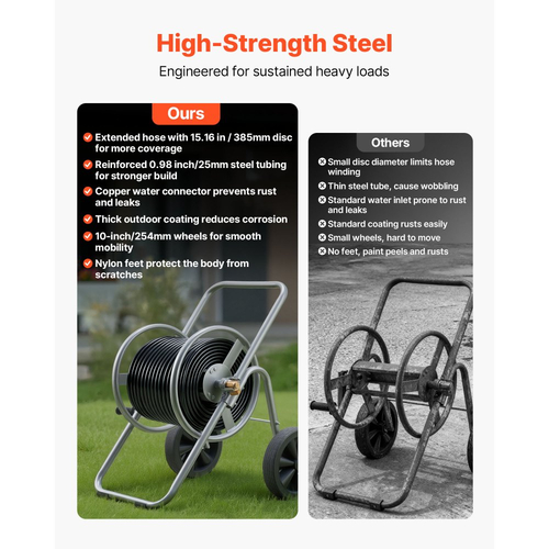 Καρότσι με λάστιχο νερού VEVOR, καρότσι με λάστιχο κήπου υψηλής πίεσης 6096/9144 cm, καρότσια με λάστιχα και δύο τροχούς, λαβή και καλάθι αποθήκευσης από πλέγμα βαρέως τύπου, φορητά καρούλια για κήπο, αυτοκίνητο, πλύσιμο κατοικίδιων ζώων