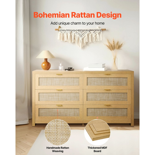 VEVOR Συρταριέρα με 6 συρτάρια από ρατάν, Διπλή συρταριέρα για υπνοδωμάτιο, Συρταριέρα από φυσικό ρατάν με μεταλλική λαβή, Μοντέρνα ξύλινη συρταριέρα οργάνωσης ρούχων και αποθήκευση για υπνοδωμάτιο, σαλόνι, διάδρομο, Burlywood