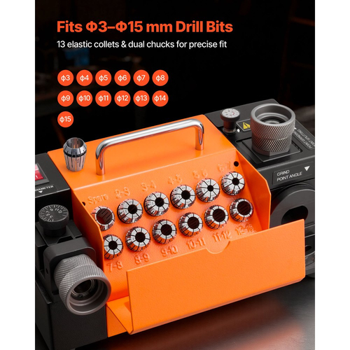 Ακονιστήρι τρυπανιών VEVOR MR-13B, Ακονιστήρι τρυπανιού 3-15mm με ρυθμιζόμενη γωνία ανακούφισης χείλους και γωνία αιχμής 95°-135°, Ακονιστήρι υψηλής ταχύτητας 4600RPM με 13 δακτυλίους, τροχούς CBN και SDC