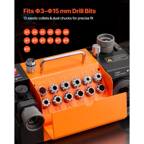Ακονιστήρι τρυπανιών VEVOR MR-13A, Τροχιστήρι τρυπανιών 3-15mm με ρυθμιζόμενη γωνία αιχμής 95°-135°, Μηχανή επανακονίσματος υψηλής ταχύτητας 4600RPM με 13 δακτυλίους και τροχό CBN για συνεργεία και γκαράζ