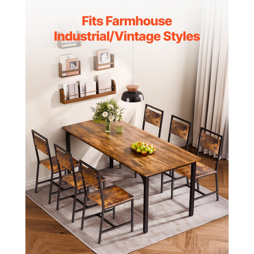 Σετ καρεκλών τραπεζαρίας VEVOR 6 τεμαχίων, ξύλινες καρέκλες τραπεζιού με μεταλλικό σκελετό και πλάτη, εύκολη συναρμολόγηση από δερμάτινο πλαϊνό κάθισμα, μοντέρνα καρυδιά αγροτικού τύπου για κουζίνα και σαλόνι, ρουστίκ καφέ και μαύρο