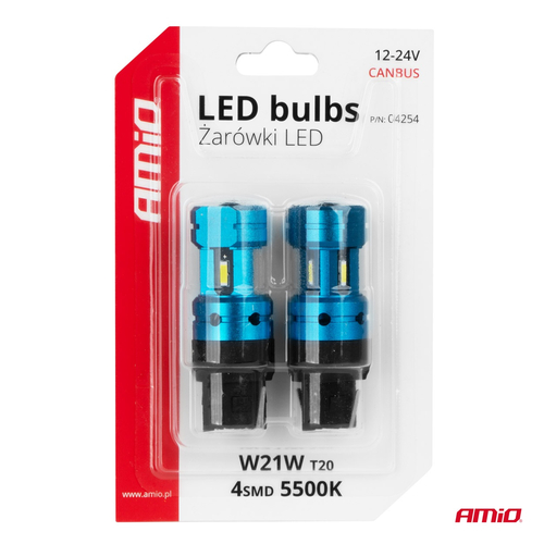 Amio - Λάμπες LED CANBUS T20 7440 W21W 4SMD 1860 Λευκή 6000K – 12/24V - 2 Τεμ. (04254/AM)