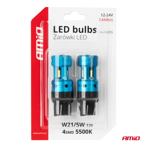 Amio - Λάμπες LED CANBUS T20 7443 W21/5W 4SMD 1860 Λευκή 6000K  – 12/24V - 2 Τεμ. (04255/AM)