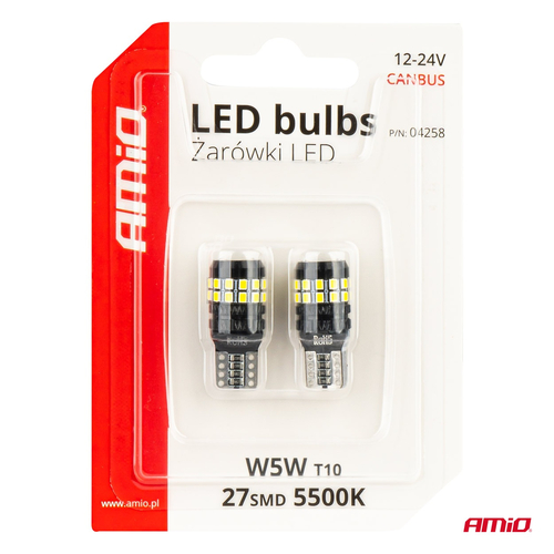 Amio - Λάμπες LED CANBUS T10 (W5W) 27SMD 2016 Λευκές 5500K 12V/24V - 2τεμ. (04258/AM)