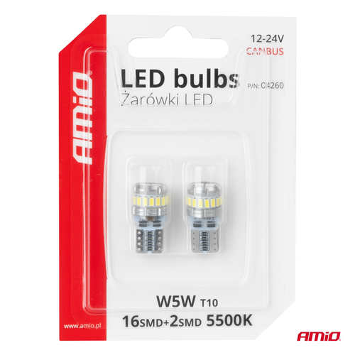 Amio - Λάμπα LED CANBUS T10 (W5W) 16SMD 3014 + 2SMD 3030 Λευκή 6000K 12V/24V για Φώτα Θέσης, Πινακίδας & Εσωτερικού - 2τεμ. (04260/AM)