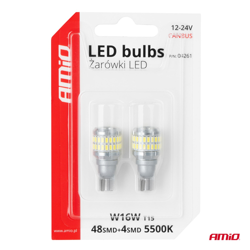 Amio - Λάμπα LED CANBUS T15 (W16W) 48SMD 3014 + 4SMD 3030 Λευκή 6000K 12V/24V για Φώτα Όπισθεν & Βοηθητικό Φωτισμό - 2τεμ. (04261/AM)