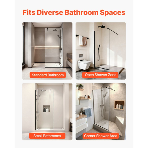 Σταθερό γυάλινο πάνελ ντους VEVOR, ημι-πλαισιωμένο σταθερό σήτα ντους 864 x 1870 mm, διαφανής γυάλινη πόρτα πάχους 8 mm με ταινία στεγανοποίησης στο κάτω μέρος και εξαρτήματα, εύκολο στον καθαρισμό, για μπάνιο, ματ μαύρο