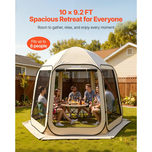 Σκηνή VEVOR με Σίτες, 3030 x 2650 x 2300 mm, Σκηνή με Αναδυόμενο Σίτες για 4-8 Άτομα, Φορητή με Σίτες σε Τέντα με Τσάντα Μεταφοράς, Διχτυωτά Πλαϊνά, Πασσάλους Εδάφους, για Κήπο, Βεράντα, Υπαίθριες Δραστηριότητες, Μπεζ
