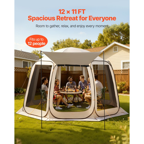 Σκηνή VEVOR με Σίτες, 3660 x 3380 x 2300 mm, Σκηνή με Αναδυόμενο Σίτες 10-12 Ατόμων με Εκτεταμένη Τέντα, Φορητή με Σίτες σε Στέγαστρο με Τσάντα Μεταφοράς, Διχτυωτά Πλαϊνά, για Βεράντα, Υπαίθριες Δραστηριότητες, Μπεζ