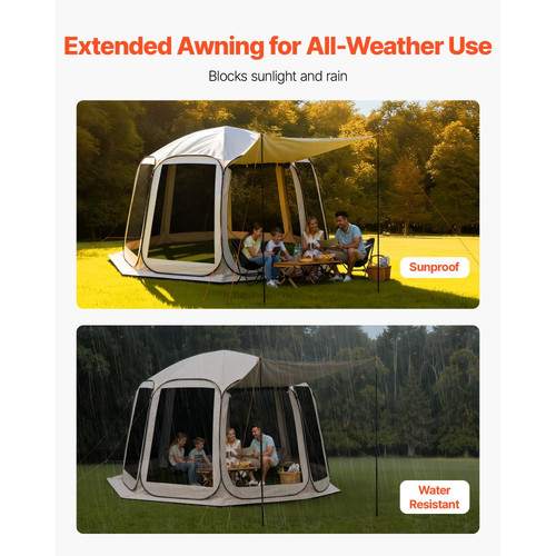 Σκηνή VEVOR με Σίτες, 3660 x 3380 x 2300 mm, Σκηνή με Αναδυόμενο Σίτες 10-12 Ατόμων με Εκτεταμένη Τέντα, Φορητή με Σίτες σε Στέγαστρο με Τσάντα Μεταφοράς, Διχτυωτά Πλαϊνά, για Βεράντα, Υπαίθριες Δραστηριότητες, Μπεζ