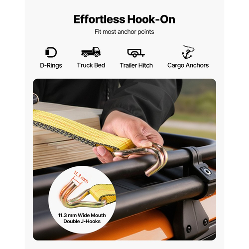 Ιμάντες καστάνιας VEVOR, 50,8 mm x 9,1 m, Ιμάντες πρόσδεσης βαρέως τύπου με διπλό γάντζο J, αντοχή σε θραύση 4536 kg, Δέσιμο με καστάνια για μετακίνηση, ρυμουλκούμενα, μοτοσικλέτες, καγιάκ, οροφή αυτοκινήτου, 10 τεμάχια