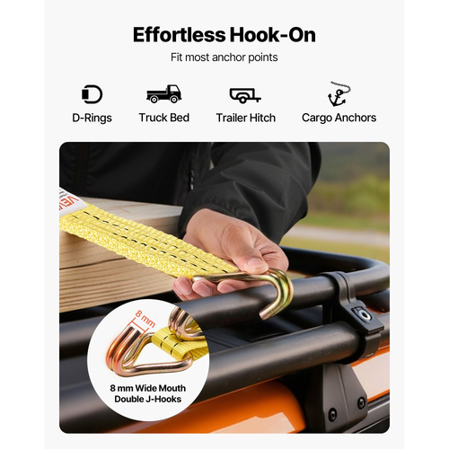 Ιμάντες καστάνιας VEVOR, 38,1 mm x 6,1 m, Ιμάντες πρόσδεσης βαρέως τύπου με διπλό γάντζο J, αντοχή σε θραύση 2000 kg, τσάντα μεταφοράς, δέσιμο με καστάνια για μετακίνηση, ρυμουλκούμενα, μοτοσικλέτες, καγιάκ, οροφή αυτοκινήτου, 4 τεμάχια