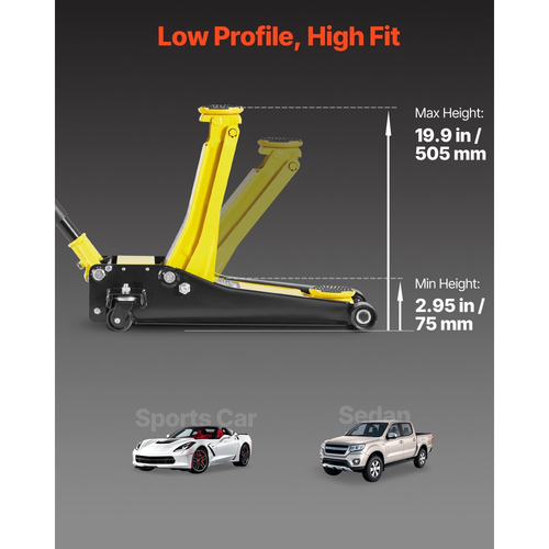 Γρύλος δαπέδου χαμηλού προφίλ VEVOR, μέγιστη χωρητικότητα 2 τόνων, ατσάλινος αγωνιστικός γρύλος δαπέδου με αντλία γρήγορης ανύψωσης διπλών εμβόλων, υδραυλικός ανυψωτήρας καροτσιού βαρέως τύπου για σπορ αυτοκίνητα και σεντάν, εύρος ανύψωσης 75-505 mm