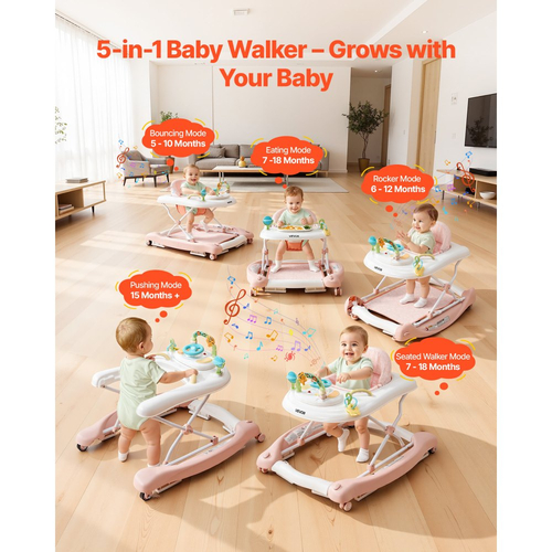 Στράτα VEVOR 5 σε 1, Πτυσσόμενο Κέντρο Δραστηριοτήτων Μωρού με Ρόδες, Ρυθμιζόμενο Ύψος Στράτας με Άνετο Ψηλό Κάθισμα Πλάτης, Βοηθός Βάδισης Νηπίου με Αντιανατροπή για Αγόρια και Κορίτσια 6-24 Μηνών