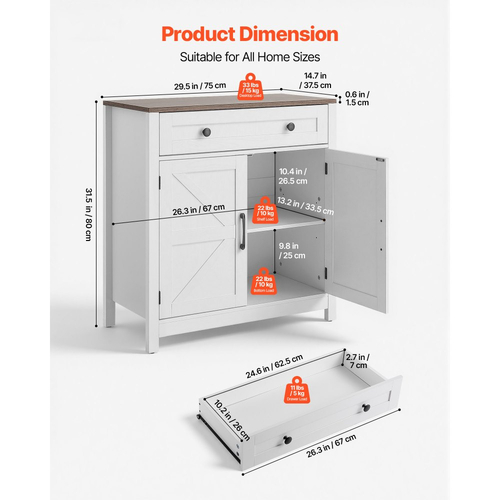 Ντουλάπι καφέ VEVOR, Τραπέζι καφέ Farmhouse με συρτάρι, Ντουλάπι μπουφέ με 2 πόρτες αχυρώνα, Μπουφές για σαλόνι, Είσοδος, Κουζίνα, 75 x 37,5 x 80 cm, Λευκό
