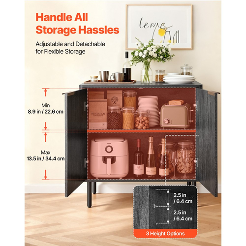 Ντουλάπι καφέ VEVOR, Τραπεζάκι καφέ Mid Century με ραβδώσεις και αποθηκευτικό χώρο 2 επιπέδων, Ντουλάπι μπουφέ με πόρτα αχυρώνα, Μπουφές για σαλόνι, Είσοδος, 80 x 37,5 x 80 cm, Μαύρο