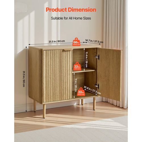 Ντουλάπι καφέ VEVOR, Τραπεζάκι καφέ Mid Century με ραβδώσεις και αποθηκευτικό χώρο 2 επιπέδων, Ντουλάπι μπουφέ με 2 πόρτες αχυρώνα, Μπουφές για σαλόνι, Είσοδος, 80 x 37,5 x 80 cm, Δρυς