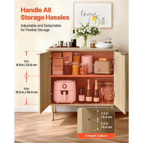 Ντουλάπι καφέ VEVOR, Τραπεζάκι καφέ Mid Century με ραβδώσεις και αποθηκευτικό χώρο 2 επιπέδων, Ντουλάπι μπουφέ με 2 πόρτες αχυρώνα, Μπουφές για σαλόνι, Είσοδος, 80 x 37,5 x 80 cm, Δρυς