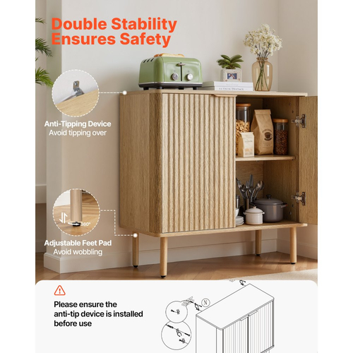 Ντουλάπι καφέ VEVOR, Τραπεζάκι καφέ Mid Century με ραβδώσεις και αποθηκευτικό χώρο 2 επιπέδων, Ντουλάπι μπουφέ με 2 πόρτες αχυρώνα, Μπουφές για σαλόνι, Είσοδος, 80 x 37,5 x 80 cm, Δρυς