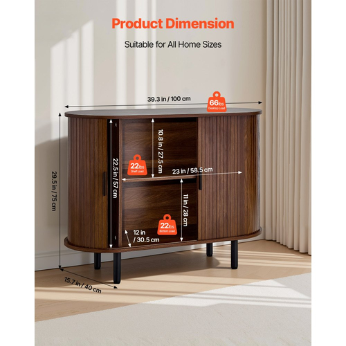 Ντουλάπι καφέ VEVOR, Τραπεζάκι καφέ Mid Century με ραβδώσεις, Ντουλάπι μπουφέ με 2 συρόμενες πόρτες, Μπουφές για σαλόνι, είσοδο, κουζίνα, 100 x 40 x 75 cm, Καρυδιά