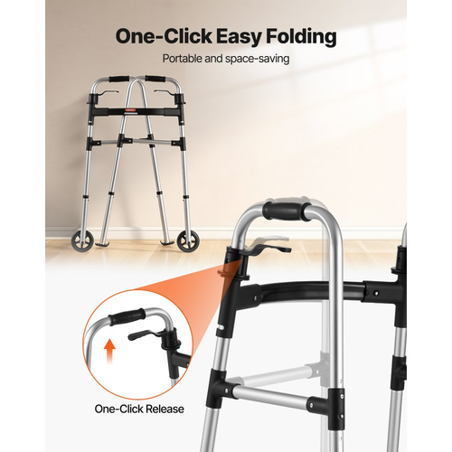 Πτυσσόμενος περιπατητήρας VEVOR, Πτυσσόμενος περιπατητήρας 2 κουμπιών με συμπαγείς τροχούς και ρυθμιζόμενο ύψος 8 επιπέδων, Ελαφρύ βοήθημα βαδίσματος αλουμινίου με δυνατότητα φόρτωσης 159 κιλών, Περιπατητήρες με ρολό στους μπροστινούς τροχούς για ηλικιωμένους και ενήλικες