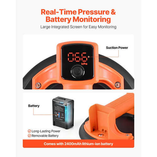 Ηλεκτρική βεντούζα VEVOR, Ανυψωτήρας υαλοπινάκων κενού 203 mm με ψηφιακή οθόνη για ισχύ αναρρόφησης και στάθμη μπαταρίας, Μέγιστη χωρητικότητα ανύψωσης 200 kg Εργαλείο βεντούζας πλακιδίων για ανύψωση πλακιδίων, γρανίτη (1 συσκευασία)