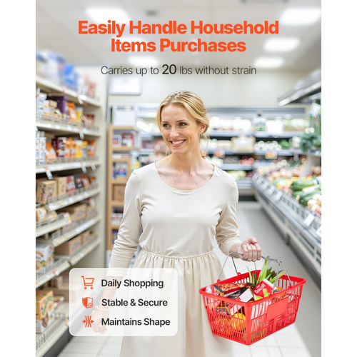 Καλάθια αγορών VEVOR, 12 τεμάχια, πλαστικά καλάθια παντοπωλείου PE 21L στοιβαζόμενα με μεταλλικές λαβές, πυκνή δομή πλέγματος, χωρητικότητα έως 9,07kg, φορητά για παντοπωλεία, λιανική πώληση, καταστήματα, σούπερ μάρκετ, οικιακή χρήση, κόκκινο