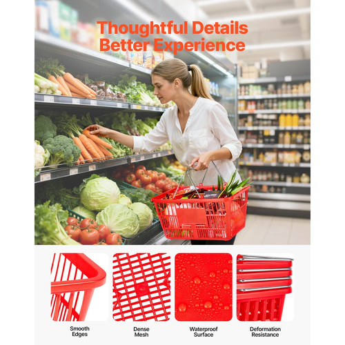 Καλάθια αγορών VEVOR, 12 τεμάχια, πλαστικά καλάθια παντοπωλείου PE 21L στοιβαζόμενα με μεταλλικές λαβές, πυκνή δομή πλέγματος, χωρητικότητα έως 9,07kg, φορητά για παντοπωλεία, λιανική πώληση, καταστήματα, σούπερ μάρκετ, οικιακή χρήση, κόκκινο