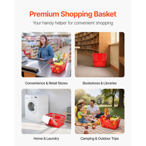 Καλάθια αγορών VEVOR, 12 τεμάχια, πλαστικά καλάθια παντοπωλείου PE 21L στοιβαζόμενα με μεταλλικές λαβές, πυκνή δομή πλέγματος, χωρητικότητα έως 9,07kg, φορητά για παντοπωλεία, λιανική πώληση, καταστήματα, σούπερ μάρκετ, οικιακή χρήση, κόκκινο