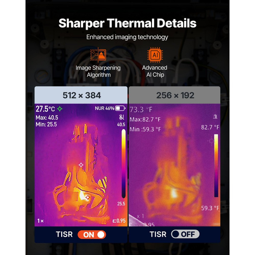 Θερμική κάμερα απεικόνισης VEVOR Pro, αναβαθμισμένη ανάλυση 512 x 384 TISR Super, υπέρυθρη θερμική απεικόνιση LCD 3,45" με οπτική κάμερα 2MP, ρυθμό ανανέωσης 25HZ, από -20℃ έως 550℃, 4 λειτουργίες εικόνας και 7 παλέτες χρωμάτων