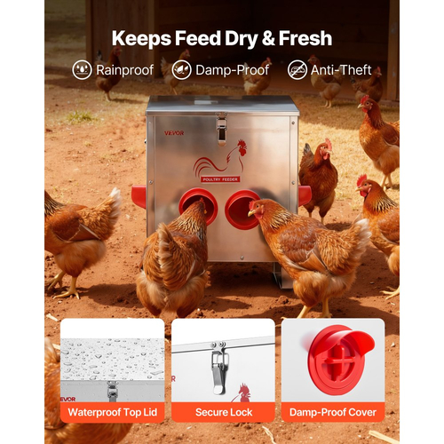 Αυτόματη ταΐστρα κοτόπουλων VEVOR, χωρητικότητας 11,34 kg, 6 θύρες τροφοδοσίας, ταΐστρα πουλερικών χωρίς απόβλητα, αυτόματη βαρύτητα, με λαβή και καπάκι, μεταλλική κατασκευή, για κοτόπουλα, φασιανούς, πτηνοτροφεία