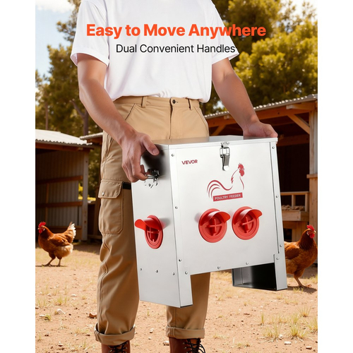 Αυτόματη ταΐστρα κοτόπουλων VEVOR, χωρητικότητας 11,34 kg, 6 θύρες τροφοδοσίας, ταΐστρα πουλερικών χωρίς απόβλητα, αυτόματη βαρύτητα, με λαβή και καπάκι, μεταλλική κατασκευή, για κοτόπουλα, φασιανούς, πτηνοτροφεία