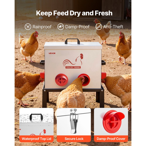 Αυτόματη ταΐστρα κοτόπουλων VEVOR, χωρητικότητας 18,14 kg, 6 θύρες τροφοδοσίας, ταΐστρα πουλερικών χωρίς απόβλητα με ενσωματωμένο διαχωριστικό, με μάνδαλο και λαβή, μεταλλική κατασκευή, για κοτόπουλα, φασιανούς, πτηνοτροφεία, κοτόπουλα, πτηνοτροφεία, κοτόπουλα, φασιανούς, κοτόπουλα ...