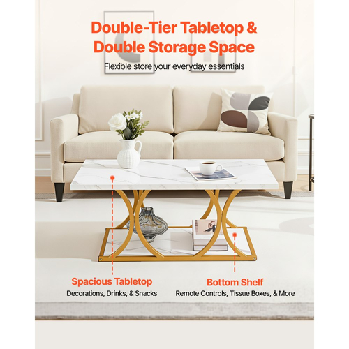 Τραπεζάκι σαλονιού VEVOR, Μοντέρνο τραπεζάκι σαλονιού από ψεύτικο μάρμαρο, Μεγάλο ορθογώνιο κεντρικό γραφείο 2 επιπέδων με γεωμετρικά πόδια, Μινιμαλιστικό, ανθεκτικό μεταλλικό πλαίσιο με διακοσμητικό γραφείο για σαλόνι, Γραφείο, Εύκολη συναρμολόγηση, Λευκό