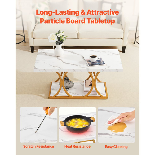 Τραπεζάκι σαλονιού VEVOR, Μοντέρνο τραπεζάκι σαλονιού από ψεύτικο μάρμαρο, Μεγάλο ορθογώνιο κεντρικό γραφείο 2 επιπέδων με γεωμετρικά πόδια, Μινιμαλιστικό, ανθεκτικό μεταλλικό πλαίσιο με διακοσμητικό γραφείο για σαλόνι, Γραφείο, Εύκολη συναρμολόγηση, Λευκό