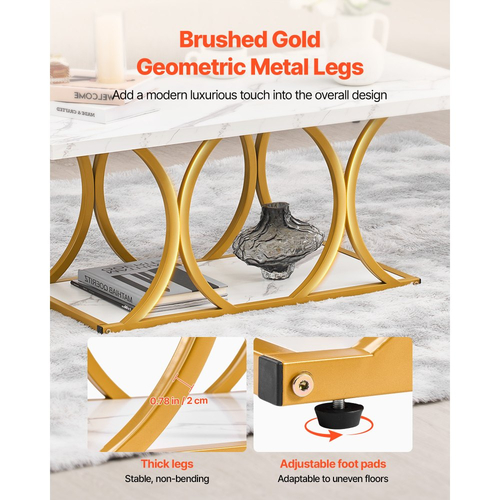 Τραπεζάκι σαλονιού VEVOR, Μοντέρνο τραπεζάκι σαλονιού από ψεύτικο μάρμαρο, Μεγάλο ορθογώνιο κεντρικό γραφείο 2 επιπέδων με γεωμετρικά πόδια, Μινιμαλιστικό, ανθεκτικό μεταλλικό πλαίσιο με διακοσμητικό γραφείο για σαλόνι, Γραφείο, Εύκολη συναρμολόγηση, Λευκό