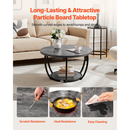 Τραπεζάκι Σαλονιού VEVOR, Μοντέρνο Στρογγυλό Τραπεζάκι Σαλονιού, 2 Επίπεδα Ξύλινο Κυκλικό Κεντρικό Γραφείο με Ανοιχτό Χώρο Αποθήκευσης, Μινιμαλιστικό Ανθεκτικό Μεταλλικό Πλαίσιο με Έξτρα Γραφείο για Σαλόνι, Γραφείο, Εύκολη Συναρμολόγηση, Γκρι